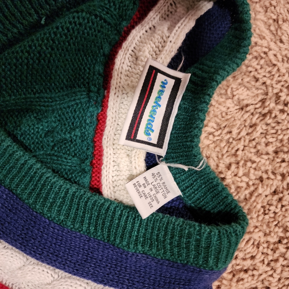 Vintage 90s Weekends Vneck Cableknit Sweater Mens L Cotton Blue Green Red White - Picture 3 of 8
